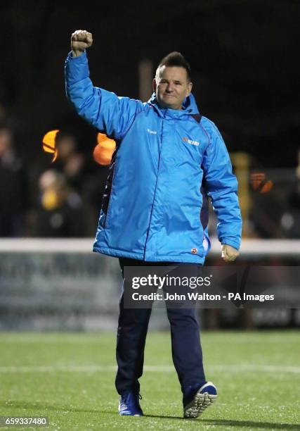 Sutton United manager Paul Doswell acknowledges the fans at the end of the Vanarama National League match at Gander Green Lane, London.