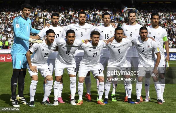 Players of Iran line up prior to the 2018 FIFA World Cup Qualifying group match between Iran and China at Azadi Stadium on March 28, 2017 in Tehran,...