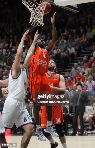 Romain Sato, #10 of Valencia Basket in action during the 2016-2017 7Days Eurocup Finals Leg 1 Valencia Basket v Unicaja Malaga at Pabellon Fuente de...
