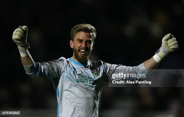 Will Puddy of Sutton United celebrates after his side score their first goal during the Vanarama National League match between Sutton United and...