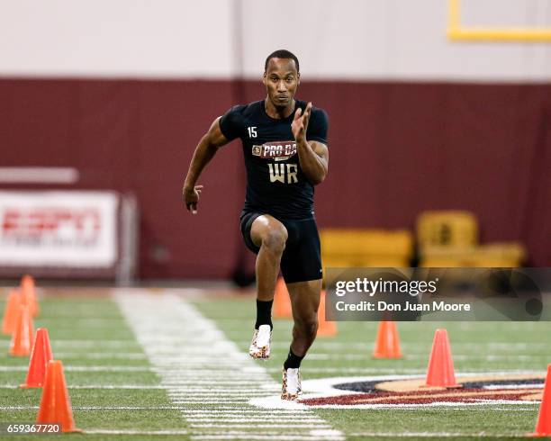 Wide Receiver Travis Rudolph runs the 40 yard dash for NFL Scouts and Coaches during Florida State Pro Day at the Dunlap Training Facility on the...