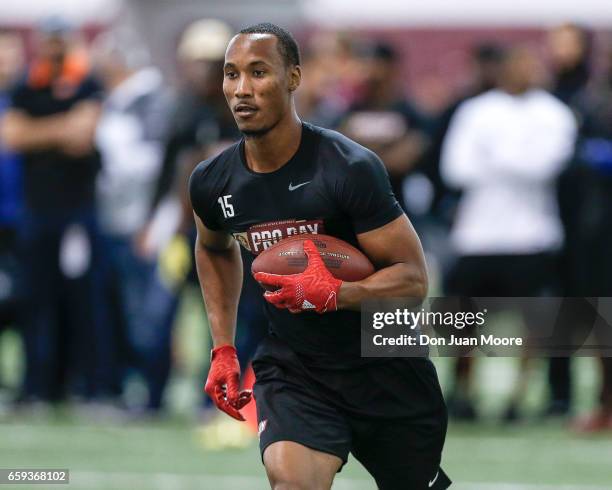 Wide Receiver Travis Rudolph works out for NFL Scouts and Coaches during Florida State Pro Day at the Dunlap Training Facility on the campus of FSU...