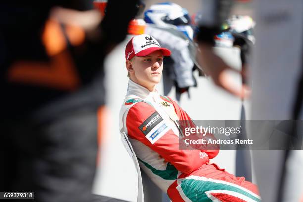 Mick Schumacher of Germany and Prema Powerteam gestures during a photoshoot during the official testdays FIA F3 European Championship at Red Bull...