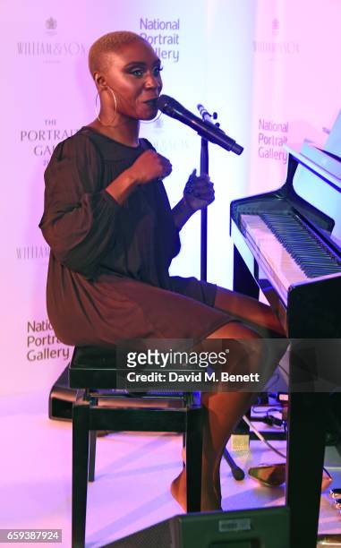 Laura Mvula performs at the Portrait Gala 2017 sponsored by William & Son at the National Portrait Gallery on March 28, 2017 in London, England.