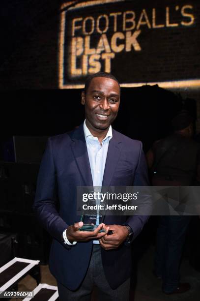 Andy Cole is presented with the Keith Alexander Award at the Football Black List 2016 at Village Underground on March 28, 2017 in London, England.