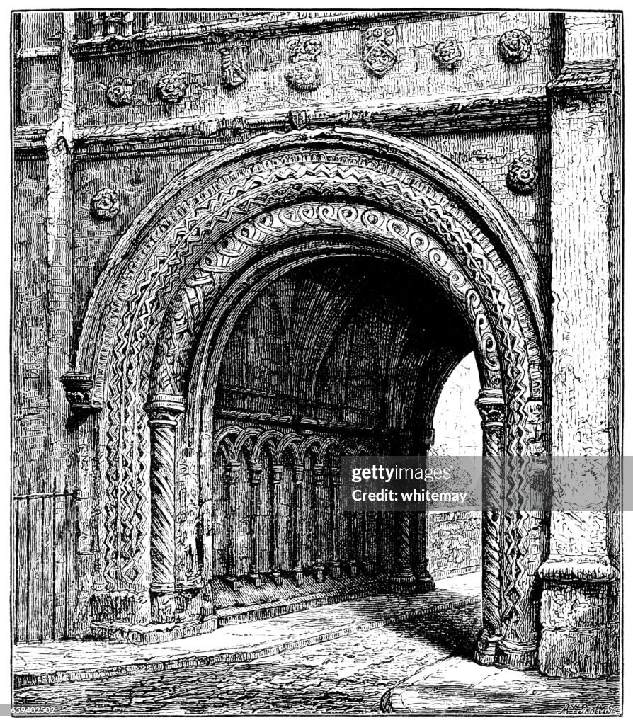 Norman archway, Abbey Gatehouse in College Green, Bristol (Victorian engraving)