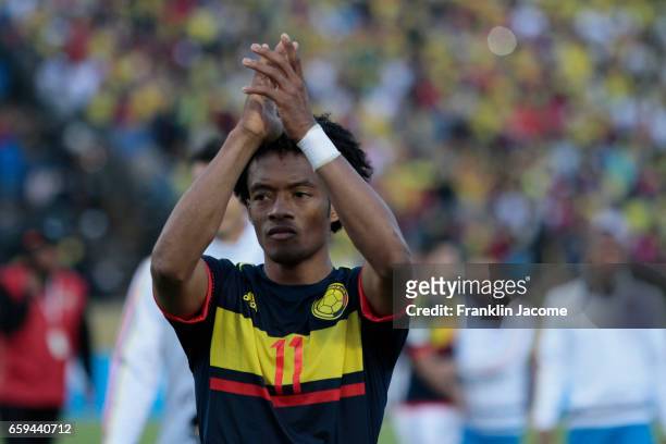 Guillermo Cuadrado of Colombia celebrates after a match between Ecuador and Colombia as part of FIFA 2018 World Cup Qualifiers at Atahualpa Olympic...