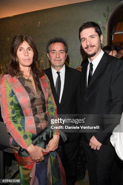 Pietro Valsecchi, Camilla Nesbitt and Gabriele Mainetti attend Grand Opening Party Hotel Eden of Hotel Eden on March 28, 2017 in Rome, Italy.