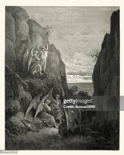 ilustrações de stock, clip art, desenhos animados e ícones de milton's paradise lost -  gustave dore - uriel returned - arcanjo