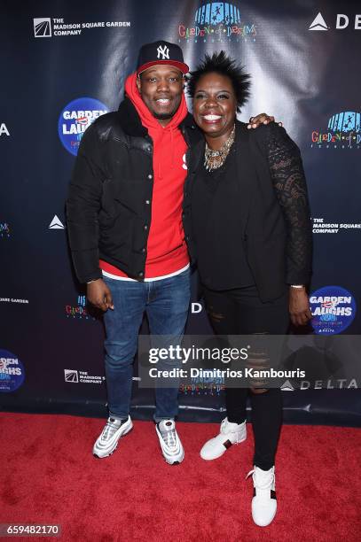 Michael Che and Leslie Jones attend the 2017 Garden Of Laughs Comedy Benefit at The Theater at Madison Square Garden on March 28, 2017 in New York...