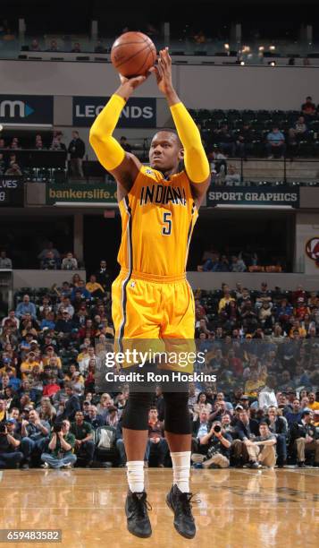 Lavoy Allen of the Indiana Pacers shoots the ball against the Minnesota Timberwolves on March 28, 2017 at Bankers Life Fieldhouse in Indianapolis,...