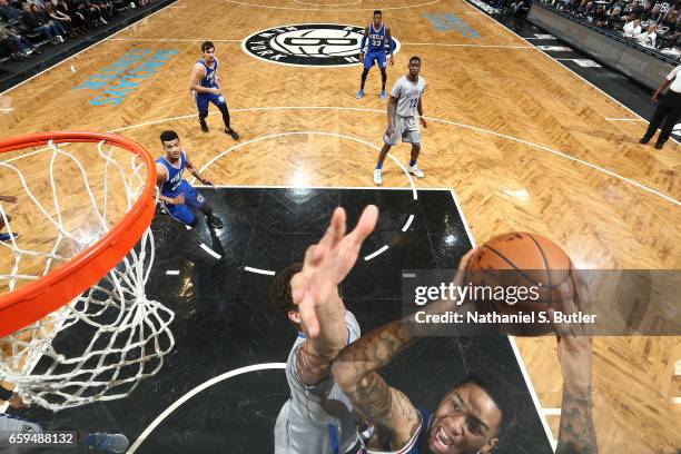 Richaun Holmes of the Philadelphia 76ers goes for a lay up during the game against the Brooklyn Netson March 28, 2017 at Barclays Center in Brooklyn,...