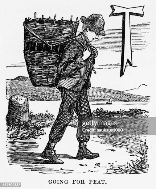 going for peat, isle of skye, scotland victorian engraving, 1840 - peat stock illustrations