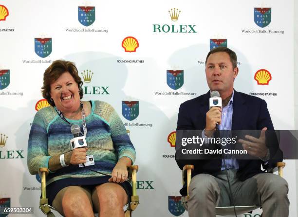 Meg Mallon of the United States on stage with Mike Whan the Commissioner of the LPGA during the media conference to officialy announce Meg Mallon's...