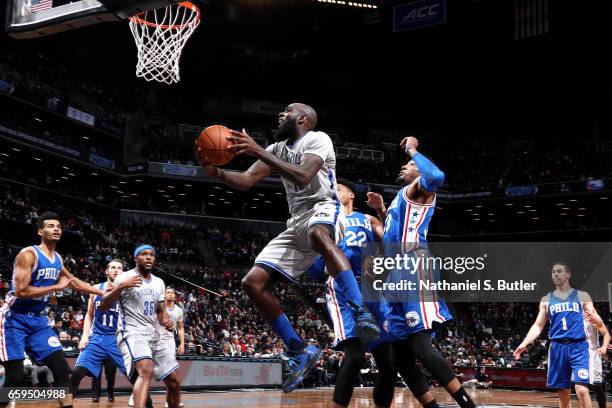 Anthony Bennett of the Brooklyn Nets goes for a lay up during the game against the Philadelphia 76ers on March 28, 2017 at Barclays Center in...