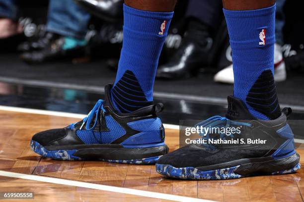 Sneakers worn by Anthony Bennett of the Brooklyn Nets during the game against the Philadelphia 76ers on March 28, 2017 at Barclays Center in...