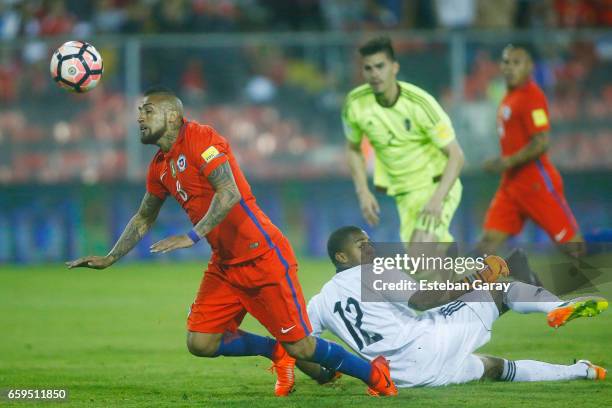 Arturo Vidal of Chile goes for a header during a match between Chile and Venezuela as part of FIFA 2018 World Cup Qualifier at Monumental Stadium on...