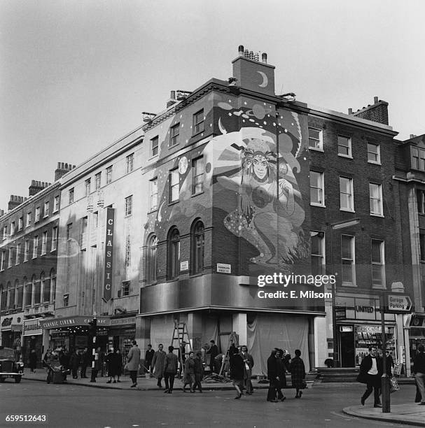 The exterior of the Apple boutique, run by the Beatles' Apple Corps, on the corner of Baker Street and Paddington Street, London, on the day of its...