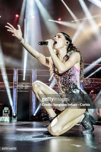 Argentine actress, model, singer, and dancer Martina Stoessel, best known as Tini, performs on stage on March 28, 2017 in Milan, Italy.