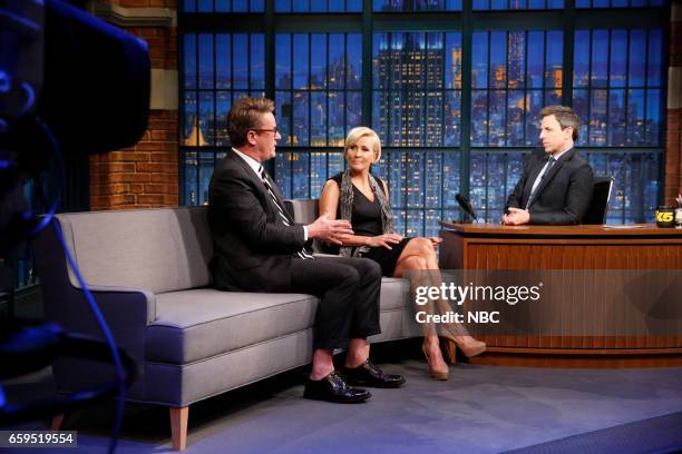 Episode 509 -- Pictured: Joe Scarborough and Mika Brzezinski during an interview with host Seth Meyers on March 28, 2017 --