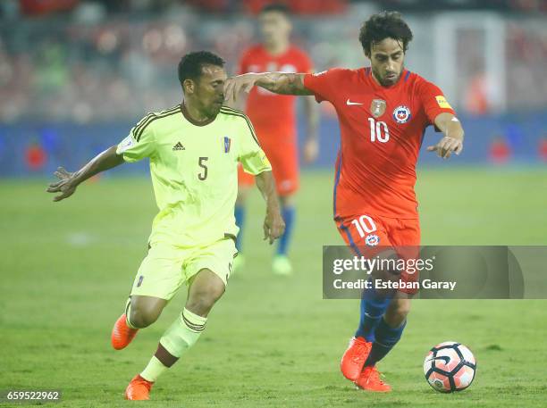 Jorge Valdivia of Chile fights for the ball with Arquimedes Figuera of Venezuela during a match between Chile and Venezuela as part of FIFA 2018...