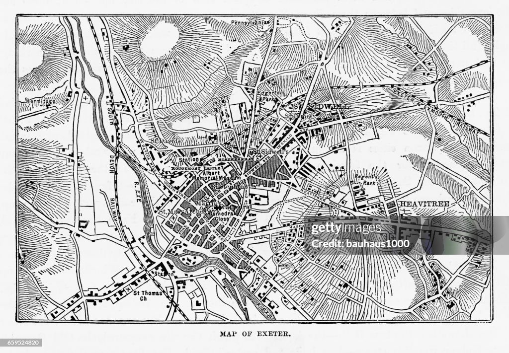 Carte d’Exeter dans le Devon, l’Angleterre victorienne gravure, 1840