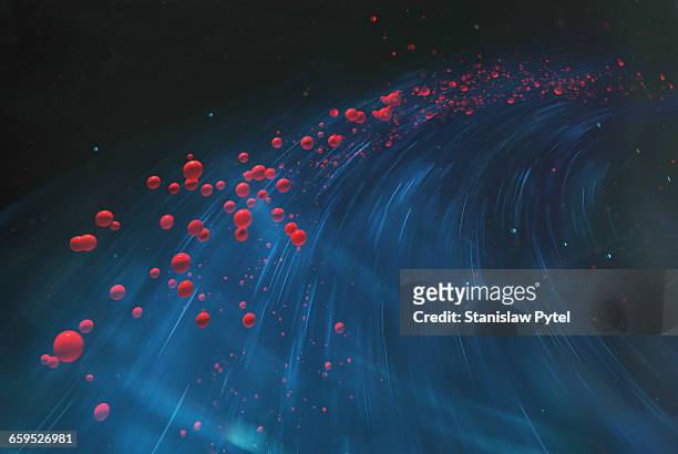 red spheres flying on blue background - blood cells stock-fotos und bilder