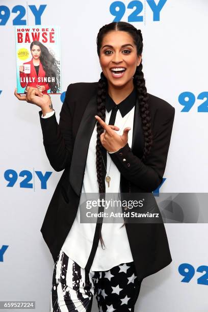 YouTube personality Lilly Singh poses for photos at the 92Y event Lilly Singh: How To Be A Bawse held at Kaufman concert hall on March 28, 2017 in...