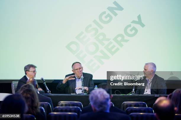 Bill Meehan, director of utility solutions at ESRI Inc., from left, Jack Dangermond, president and founder of ESRI Inc., and Ian McLeod, head of...