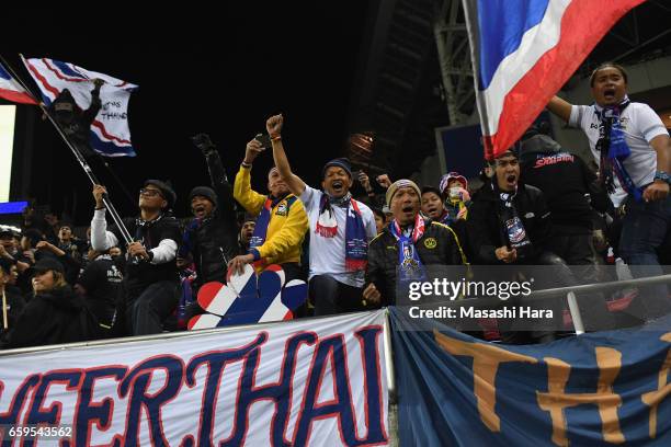 Thailand supporters enjoy the atmosphere prior to the 2018 FIFA World Cup Qualifier match between Japan and Thailand at Saitama Stadium on March 28,...