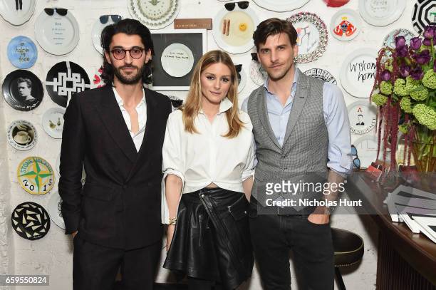 Creative Director at Oliver Peoples Giampiero Tagliaferri, Olivia Palermo and Johannes Huebl attend the Oliver Peoples Pour Berluti Launch...
