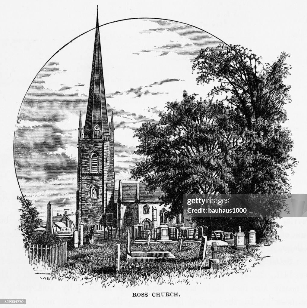 Igreja de Ross em Ross-on-Wye, Herefordshire, Inglaterra vitoriana da gravura, 1840
