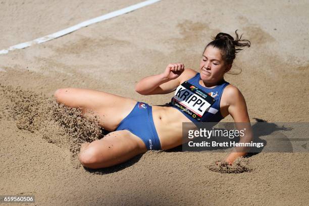 Abbey Krippl of Victoria competes in her U15 Womens Long Jump during day four of the 2017 Australian Athletics Championships at Sydney Olympic Park...