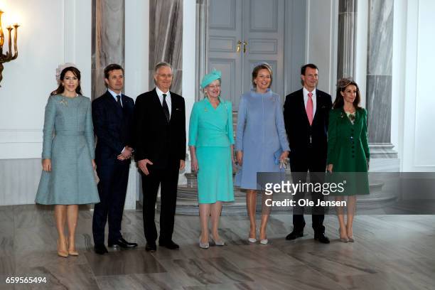 The Royal Belgian and Royal Danish family pose inside Amalienborg Palace reception hall on March 28, 2017 in Copenhagen, Denmark. From R - L: Crown...