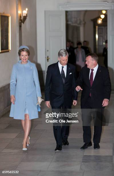 King Philippe and Queen Mathilde of Belgium visits Danish Prime Minister Lars Lokke Rasmussen at the PM's office at Christiansborg on March 28, 2017...