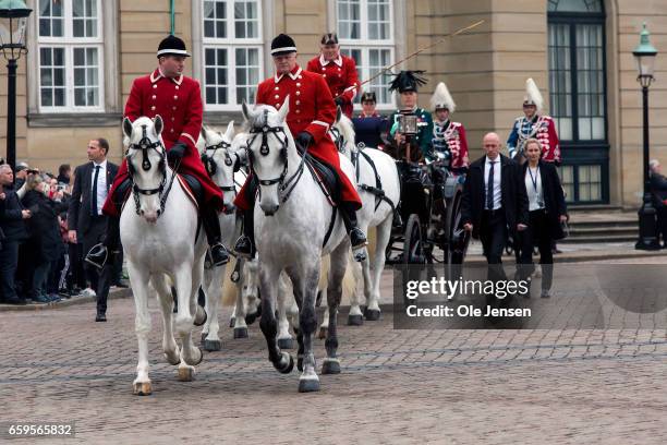 Belgian King Philippe and Danish Queen Margrethe arrive to Amalienborg Palace in an open coach on March 28, 2017 in Copenhagen, Denmark. The Belgium...