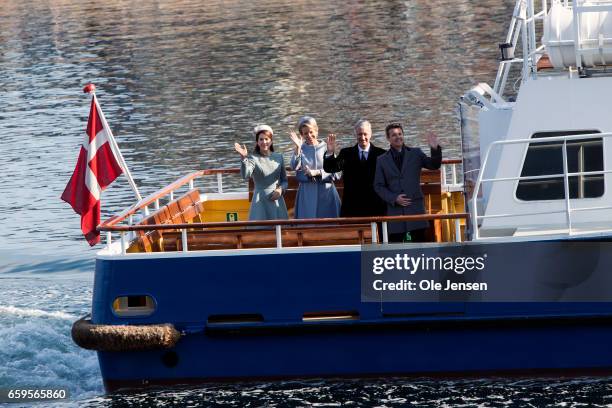 Small boat with King Philippe and Queen Mathilde as passengers and the Danish Crown Prince couple as tour guide through the channel of Copenhagen on...