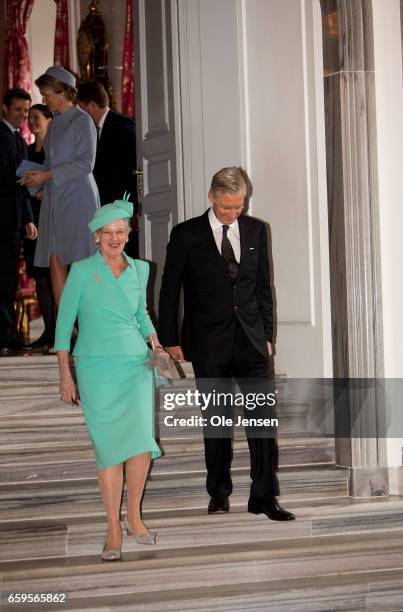 King Philippe of Belgium and Queen Margrethe of Denmark during the Belgium royal couples visit to Amalienborg Palace on March 28, 2017 in Copenhagen,...