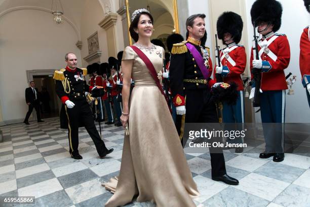 Crown Prince Frederik and Crown Princess Mary during arrival to the to the State Dinner on the occasion of the visiting Belgian King and Queen at...