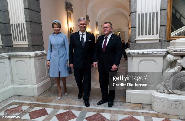 King Philippe and Queen Mathilde of Belgium visits Danish Prime Minister Lars Lokke Rasmussen at the PM's office at Christiansborg on March 28, 2017...