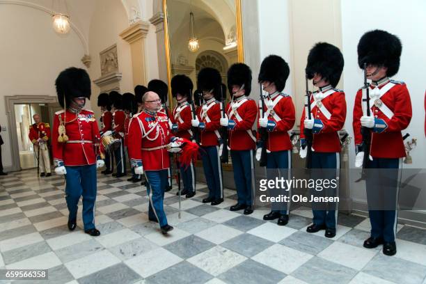 The Royal Guard at Christiansborg reception hall before arrival of the royal Belgian and royal Danish family and their guests to the State Dinner at...