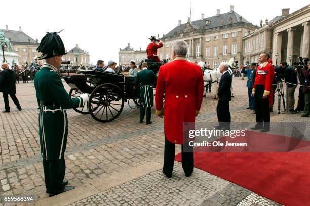 Queen Mathilde of Belgium and Crown Prince Frederik of Denmark arrive to Amalienborg Palace during the Royal Belgian State Visitr on March 28, 2017...