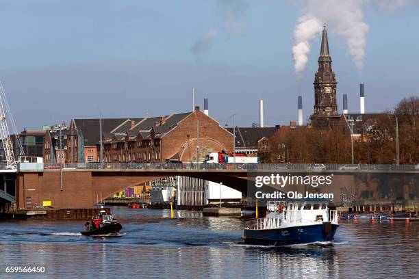 Small boat with King Philippe and Queen Mathilde as passengers and the Danish Crown Prince couple as tour guide through the channel of Copenhagen on...