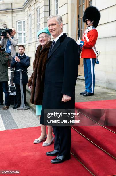 Belgian King Philippe and Danish Queen Margrethe arrive to Amalienborg Palace where they wait on the stairs for Queen Mathilde of Belgium and the...