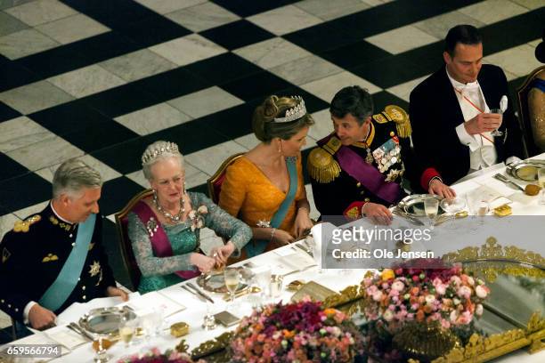 The royal Danish and royal Belgian family during the State Dinner at Christiansborg on March 28, 2017 in Copenhagen, Denmark. The royal Belgian...