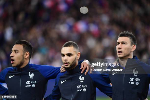 Laurent Koscielny, Layvin Kurzawa and Corentin Tolisso of France before the friendly match between France and Spain at Stade de France on March 28,...