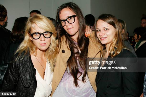 Aurel Schmidt, Kathy Grayson and Megan Marrin attend New Museum VIP Preview of URS FISCHER Opening at New Museum on the Bowery on October 27, 2009 in...
