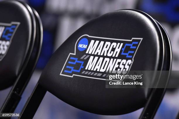 Detail view of the NCAA March Madness logo during the second round of the 2017 NCAA Men's Basketball Tournament at Bon Secours Wellness Arena on...