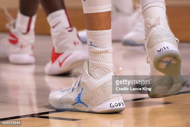 Detail view of Nike brand shoes worn by Justin Jackson of the North Carolina Tar Heels during their game against the Arkansas Razorbacks are during...