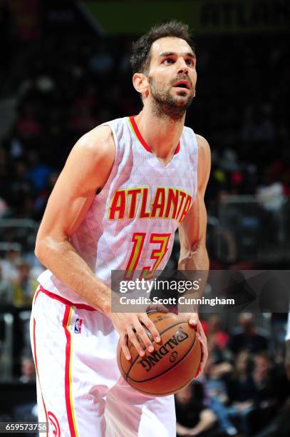 Jose Calderon of the Atlanta Hawks shoots a free throw during a game against the Phoenix Suns on March 28, 2017 at Philips Arena in Atlanta, Georgia....